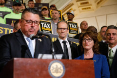 April 12, 2022: Senator Lindsey Williams speaks at the Carpenters Tax Fraud Day of Action in Harrisburg.